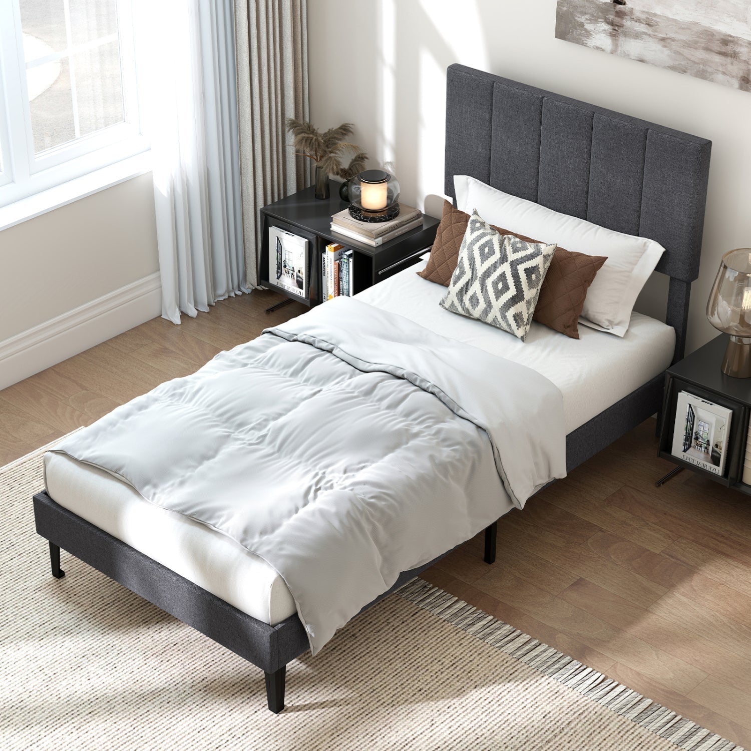 Upholstered Platform Bed with Adjustable Headboard Twin Size by DirectDeals in gray fabric on Tampa Home & Garden Store
