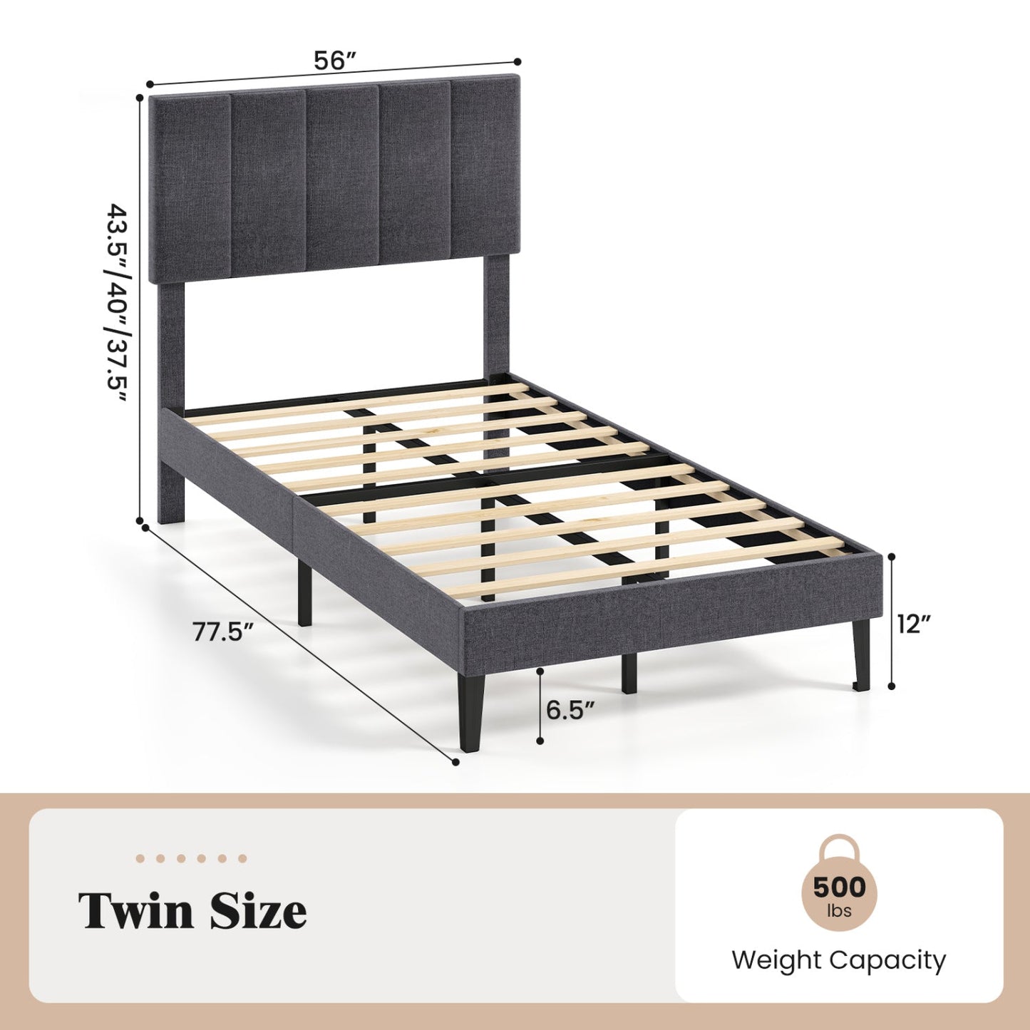 Upholstered Platform Bed DirectDeals Twin Size with adjustable headboard gray fabric slat frame on Tampa Home & Garden Store