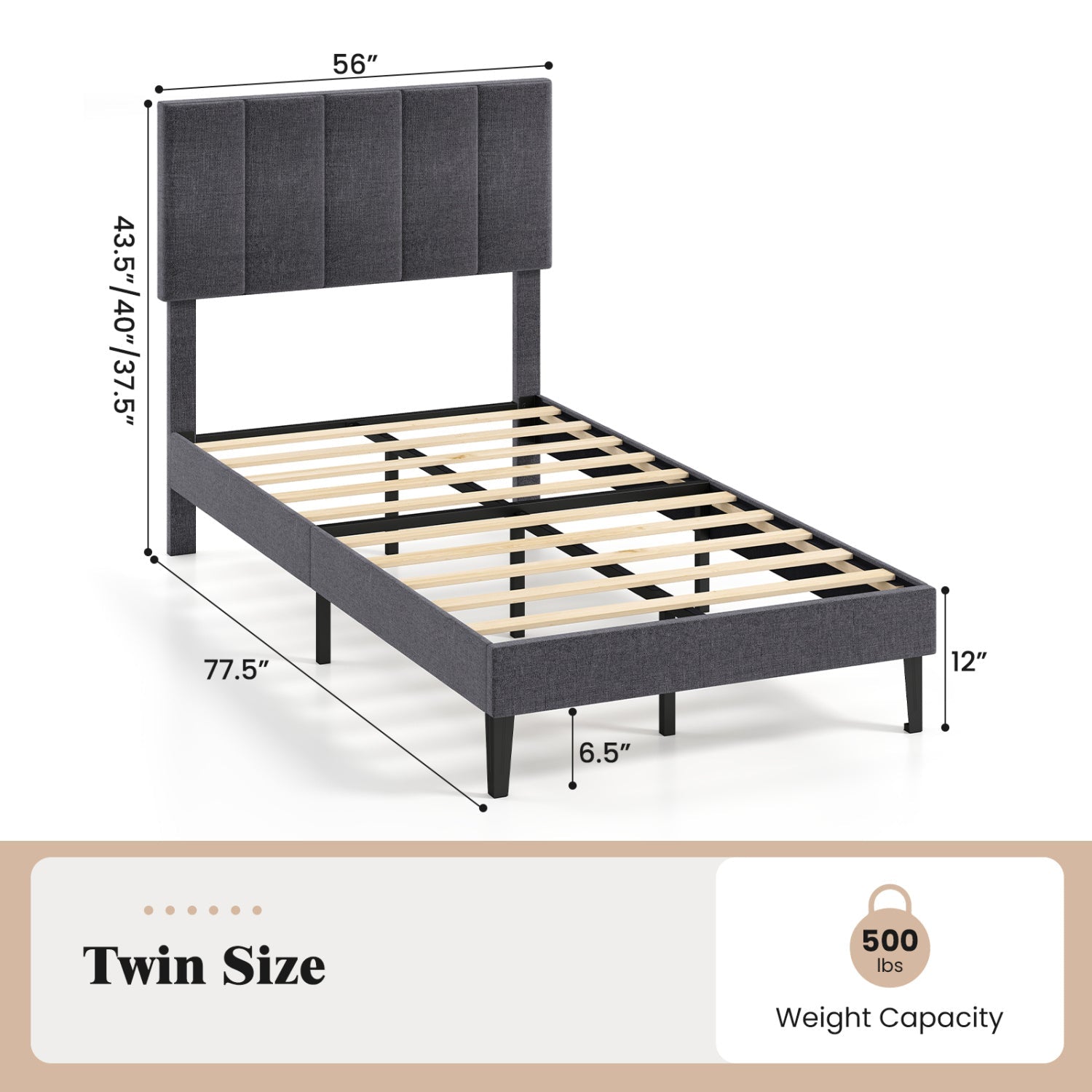 Upholstered Platform Bed DirectDeals Twin Size with adjustable headboard gray fabric slat frame on Tampa Home & Garden Store
