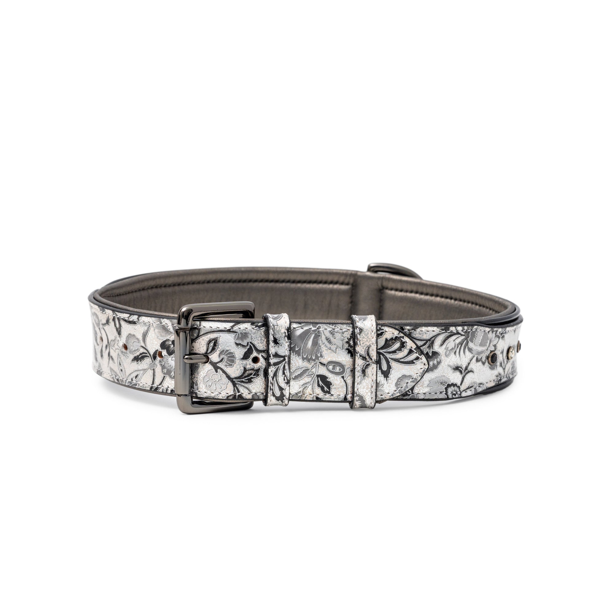 Venetian Leather Dog Collar grayscale floral damask by Halter Ego with gunmetal hardware on Tampa Home & Garden Store