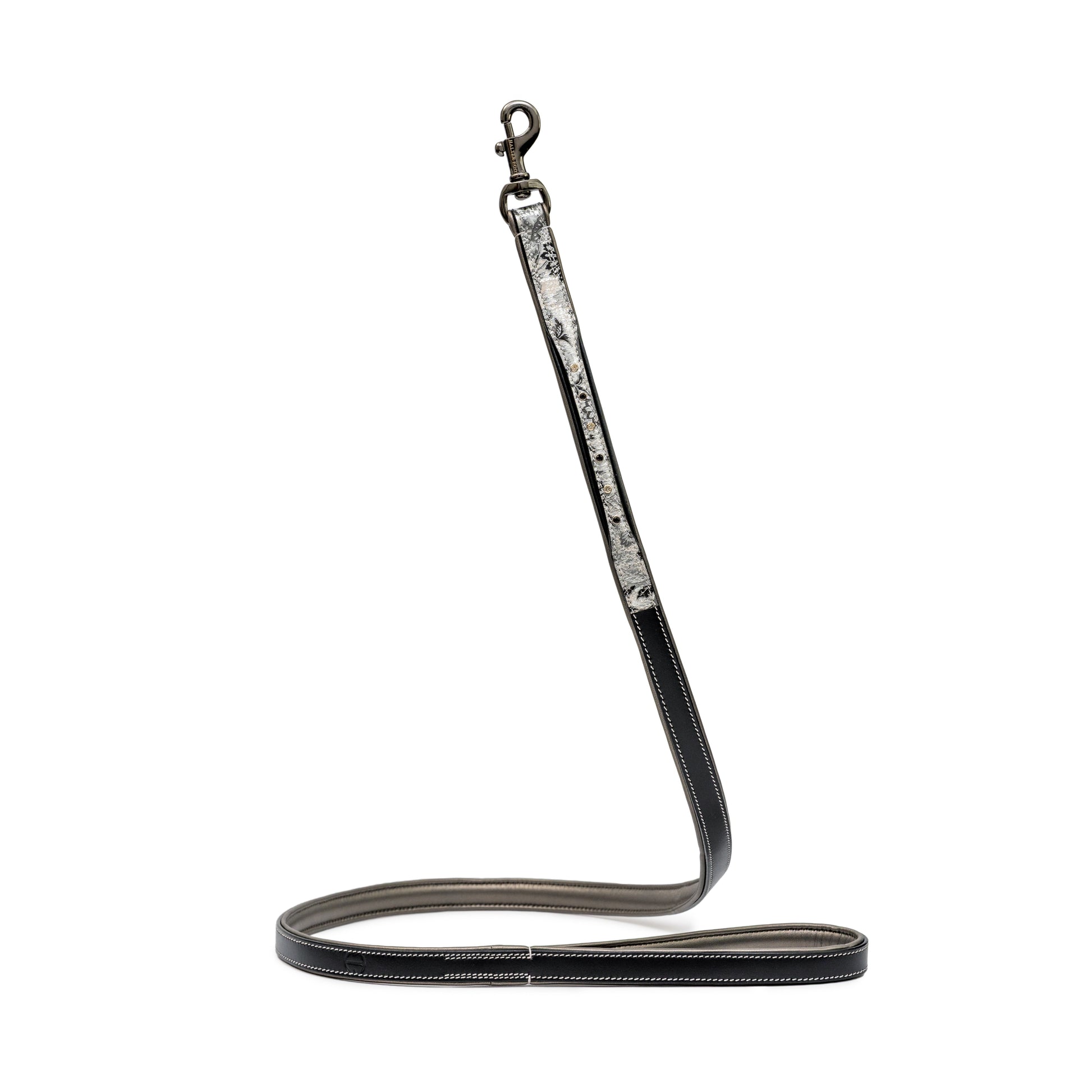 Venetian Leather Dog Leash Halter Ego® black leather with silver venetian pattern brass-tone hardware on Tampa Home & Garden Store