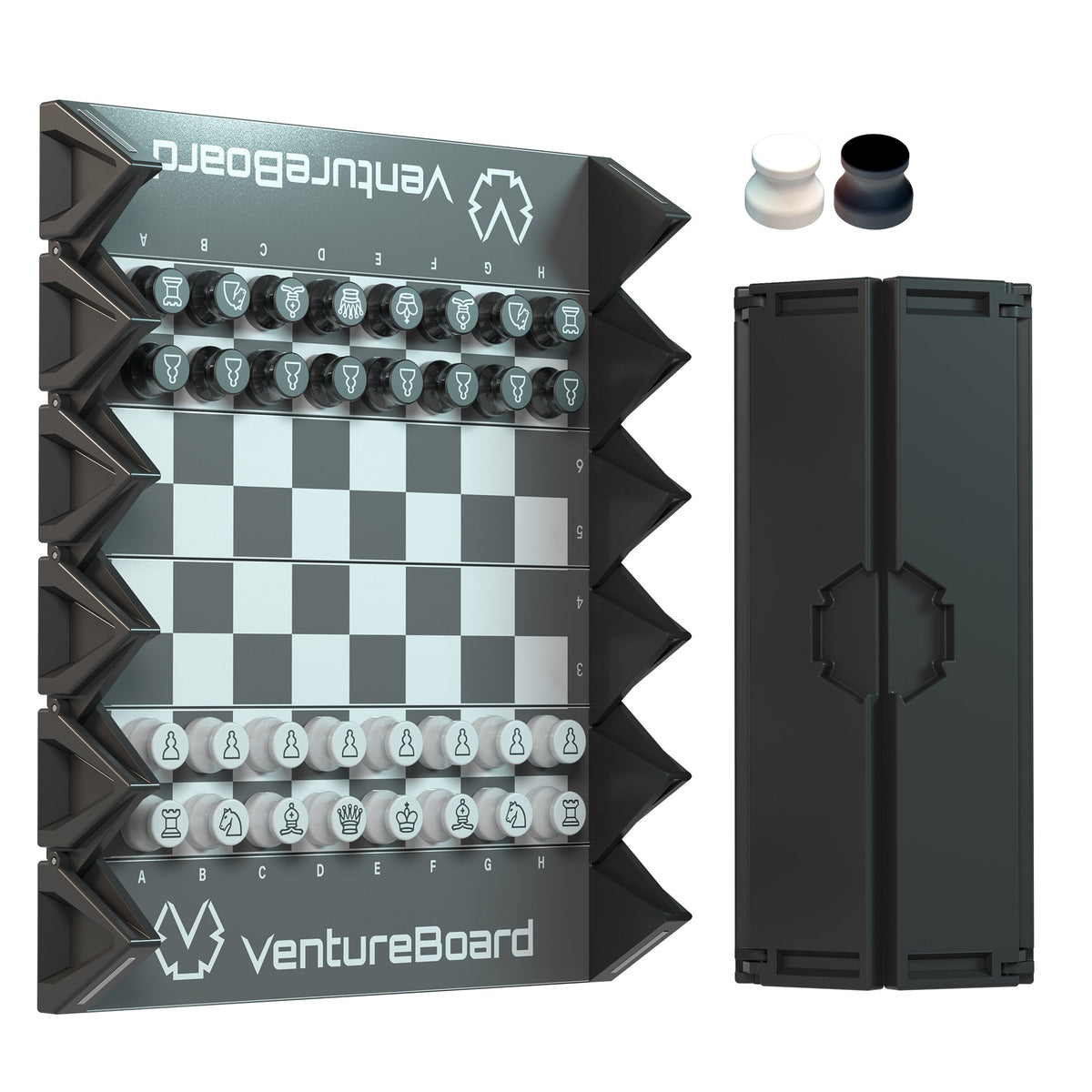 Mini Chess Noir chess set by VentureBoard featuring a stacked noir board and teal-emblem pieces on Tampa Home & Garden Store