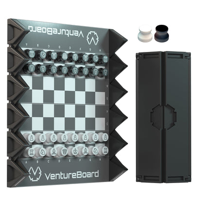 Mini Chess Noir chess set by VentureBoard featuring a stacked noir board and teal-emblem pieces on Tampa Home & Garden Store