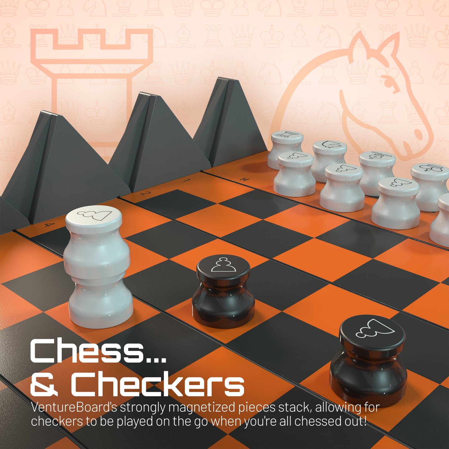 Mini Chess Fire chess set by VentureBoard with magnetic pieces on orange checkerboard on Tampa Home & Garden Store