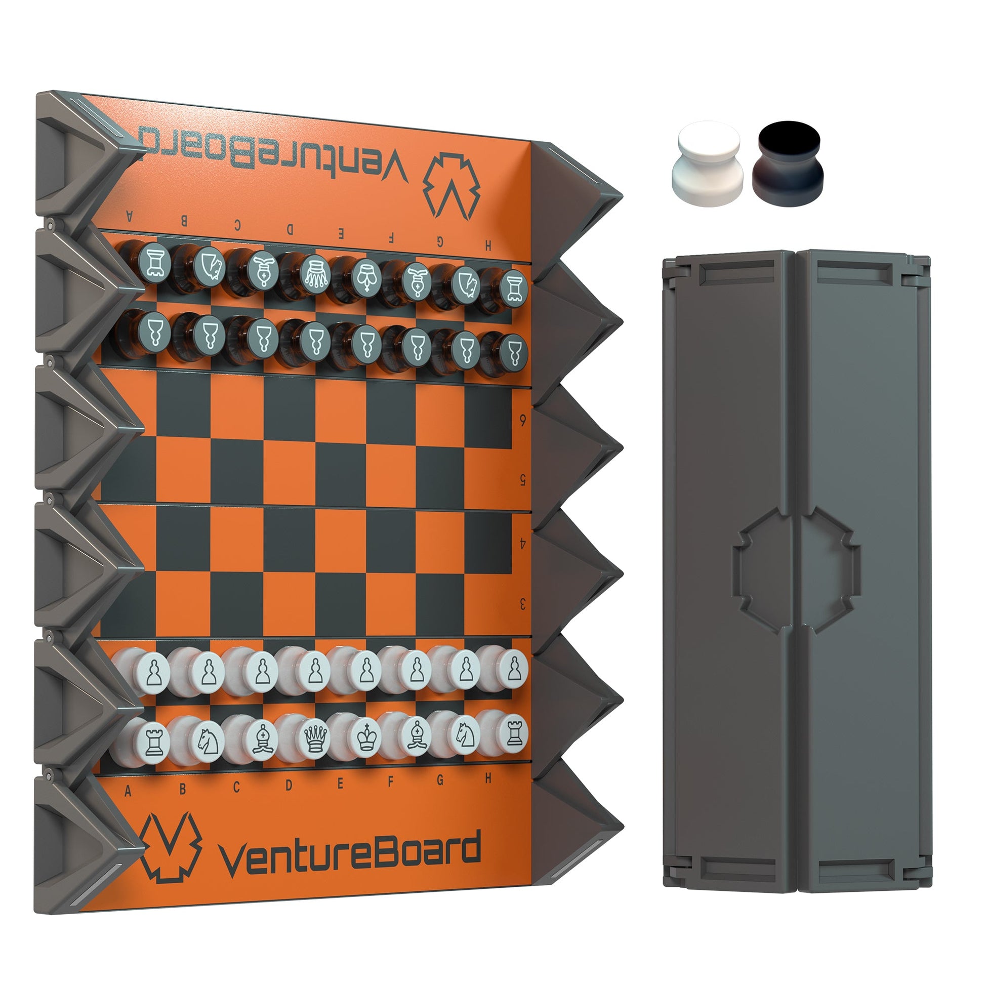 Mini Chess Fire set by VentureBoard; orange gray board with white pieces and storage case on Tampa Home & Garden Store