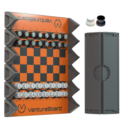 Mini Chess Fire set by VentureBoard; orange gray board with white pieces and storage case on Tampa Home & Garden Store