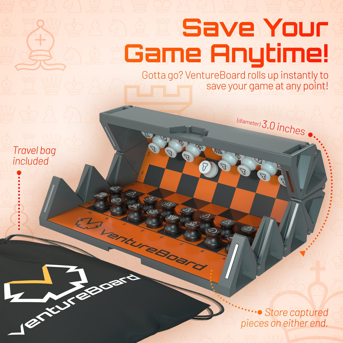 Mini Chess Fire chess set by VentureBoard with orange checkered board in gray case on Tampa Home & Garden Store