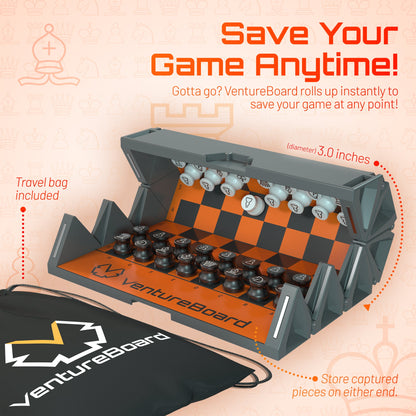 Mini Chess Fire chess set by VentureBoard with orange checkered board in gray case on Tampa Home & Garden Store