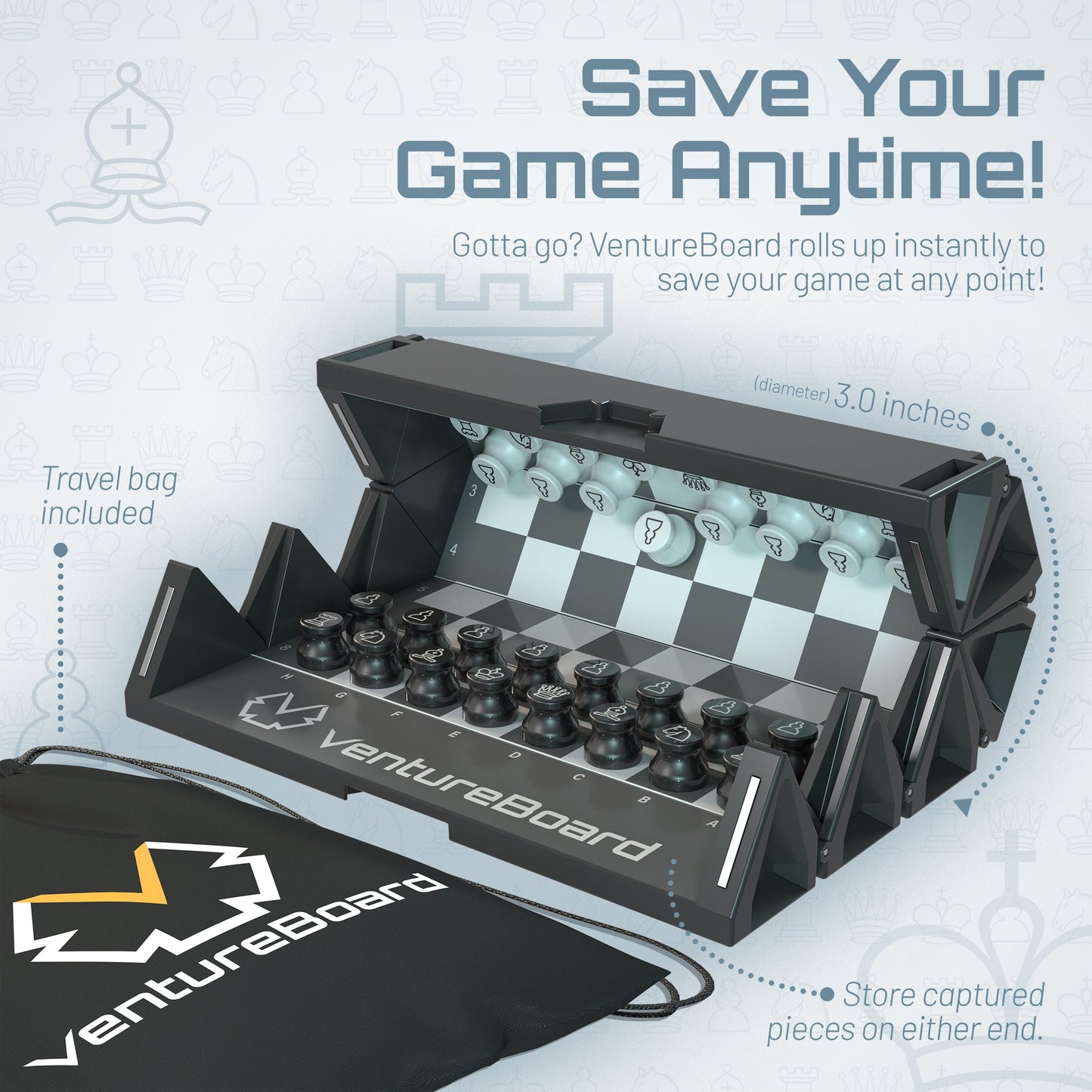 Mini Chess - Noir travel chess set by VentureBoard, compact black folding board game on Tampa Home & Garden Store