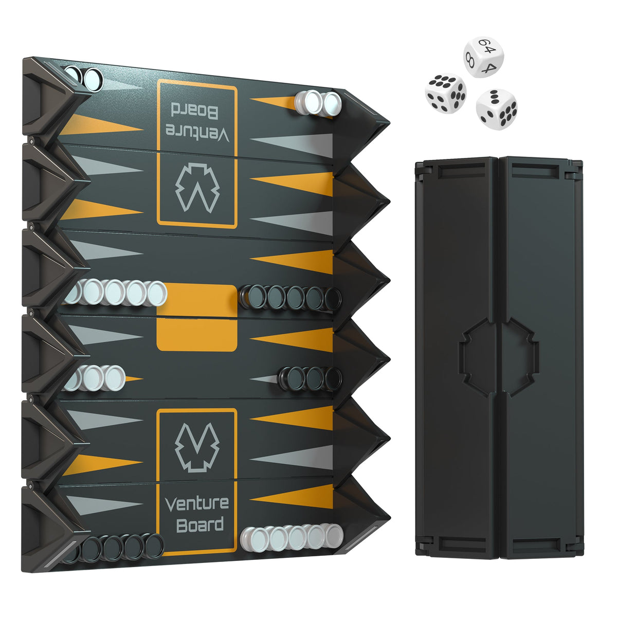 Mini Backgammon set by VentureBoard with gray board, dice, and checkers on Tampa Home & Garden Store