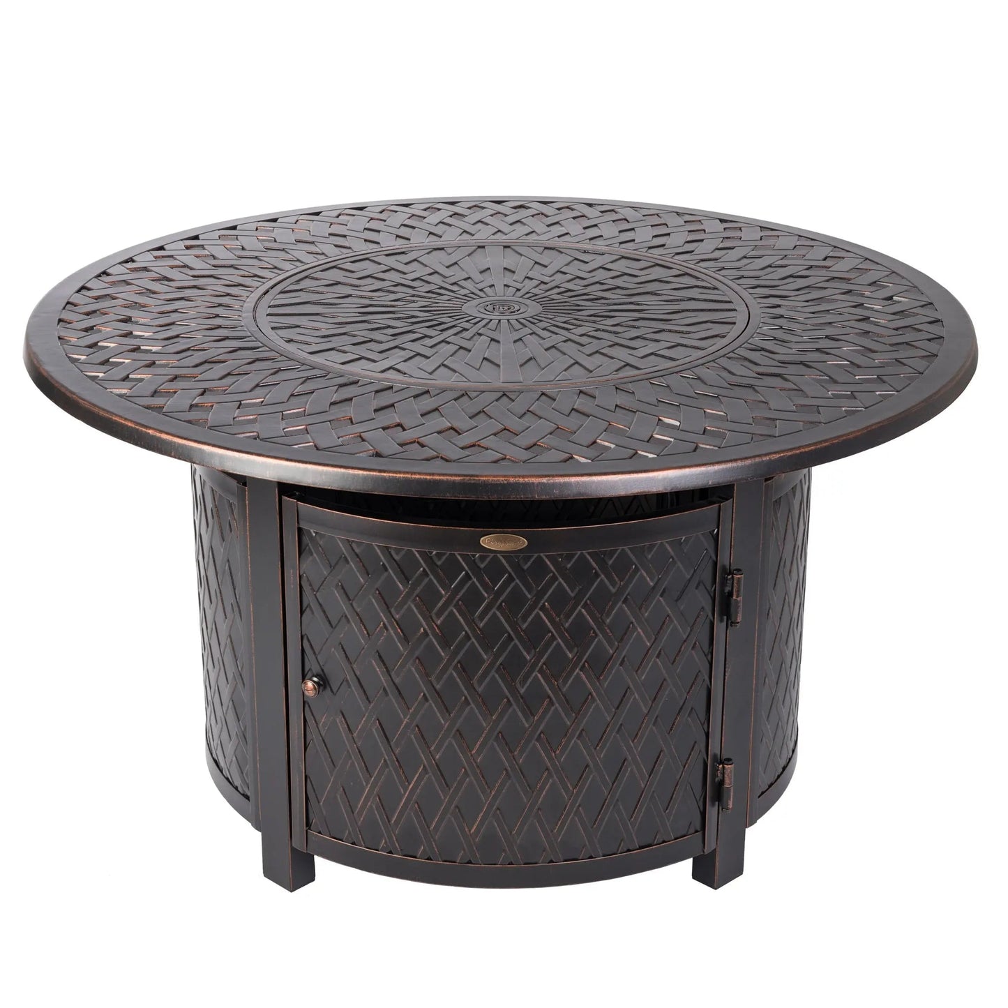 Verona 44-inch round woven aluminum convertible gas fire pit table in dark bronze on Tampa Home & Garden Store