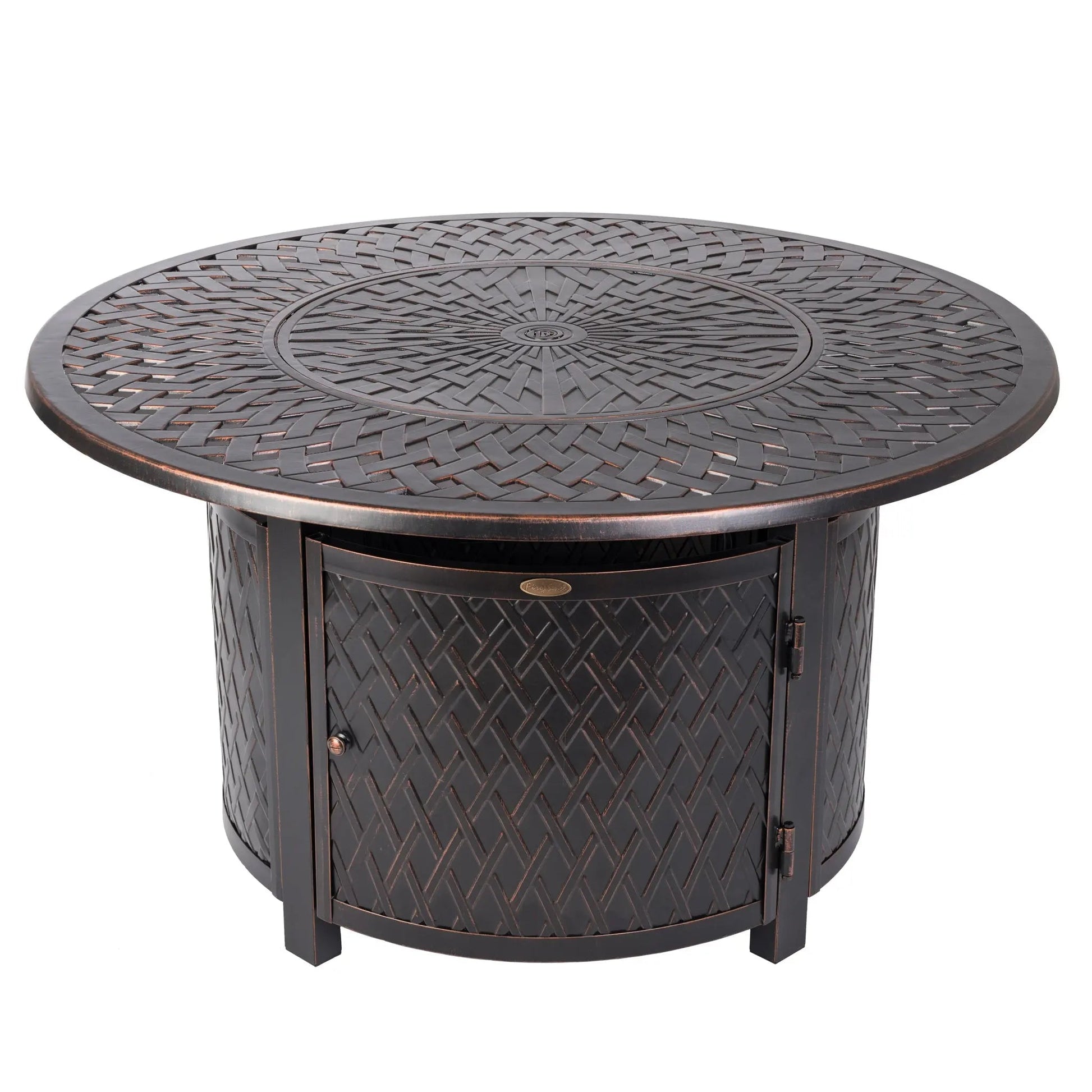 Verona 44-inch round woven aluminum convertible gas fire pit table in dark bronze on Tampa Home & Garden Store