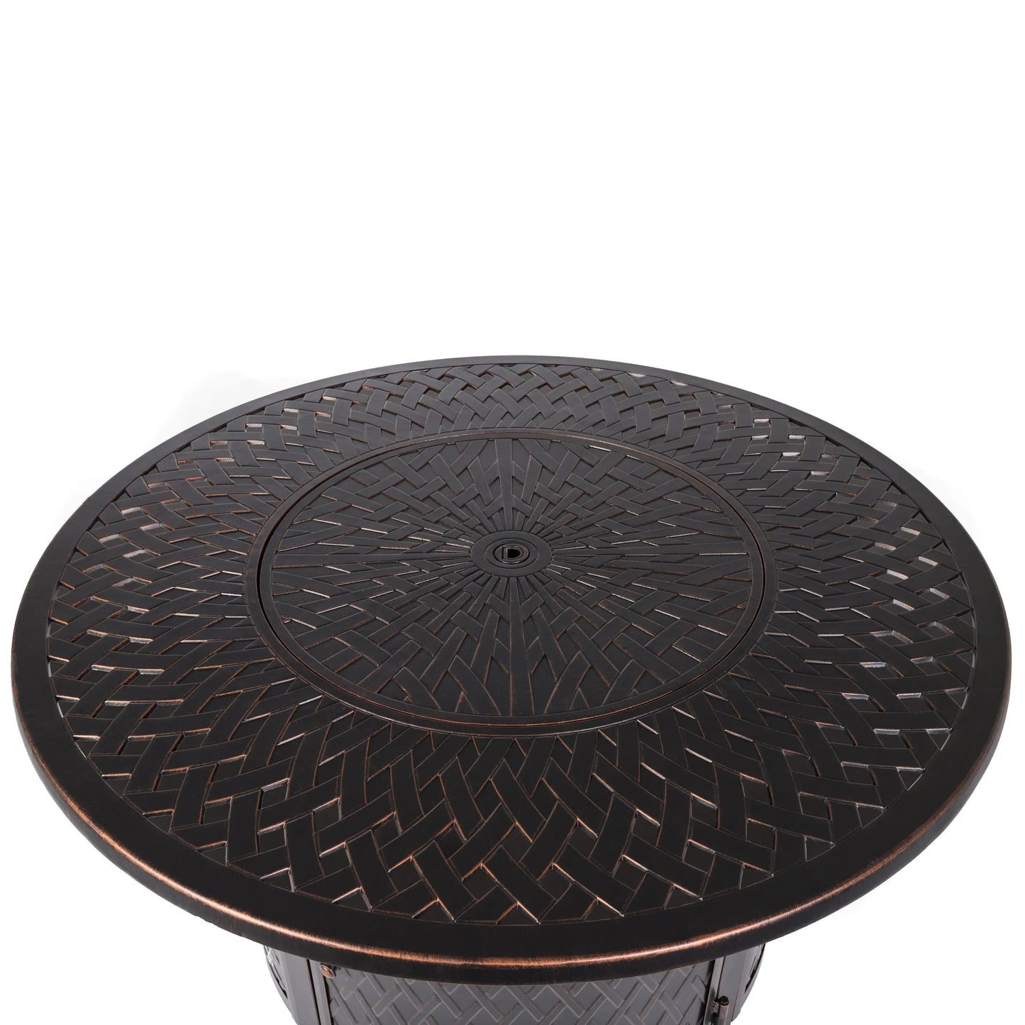 Verona 44in round woven aluminum convertible gas fire pit table in dark bronze with basket-weave top on Tampa Home & Garden Store