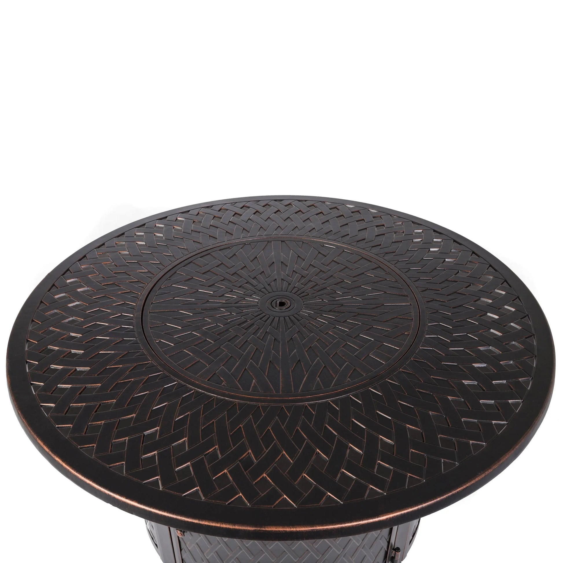 Verona 44in round woven aluminum convertible gas fire pit table in dark bronze with basket-weave top on Tampa Home & Garden Store