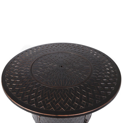 Verona 44in round woven aluminum convertible gas fire pit table in dark bronze with basket-weave top on Tampa Home & Garden Store