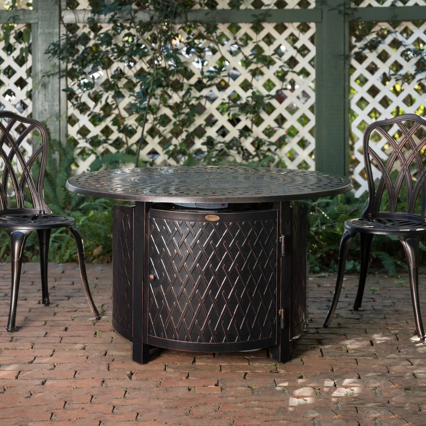 Verona 44 inch round woven aluminum gas fire pit table by Fire Sense in bronze with lattice on Tampa Home & Garden Store