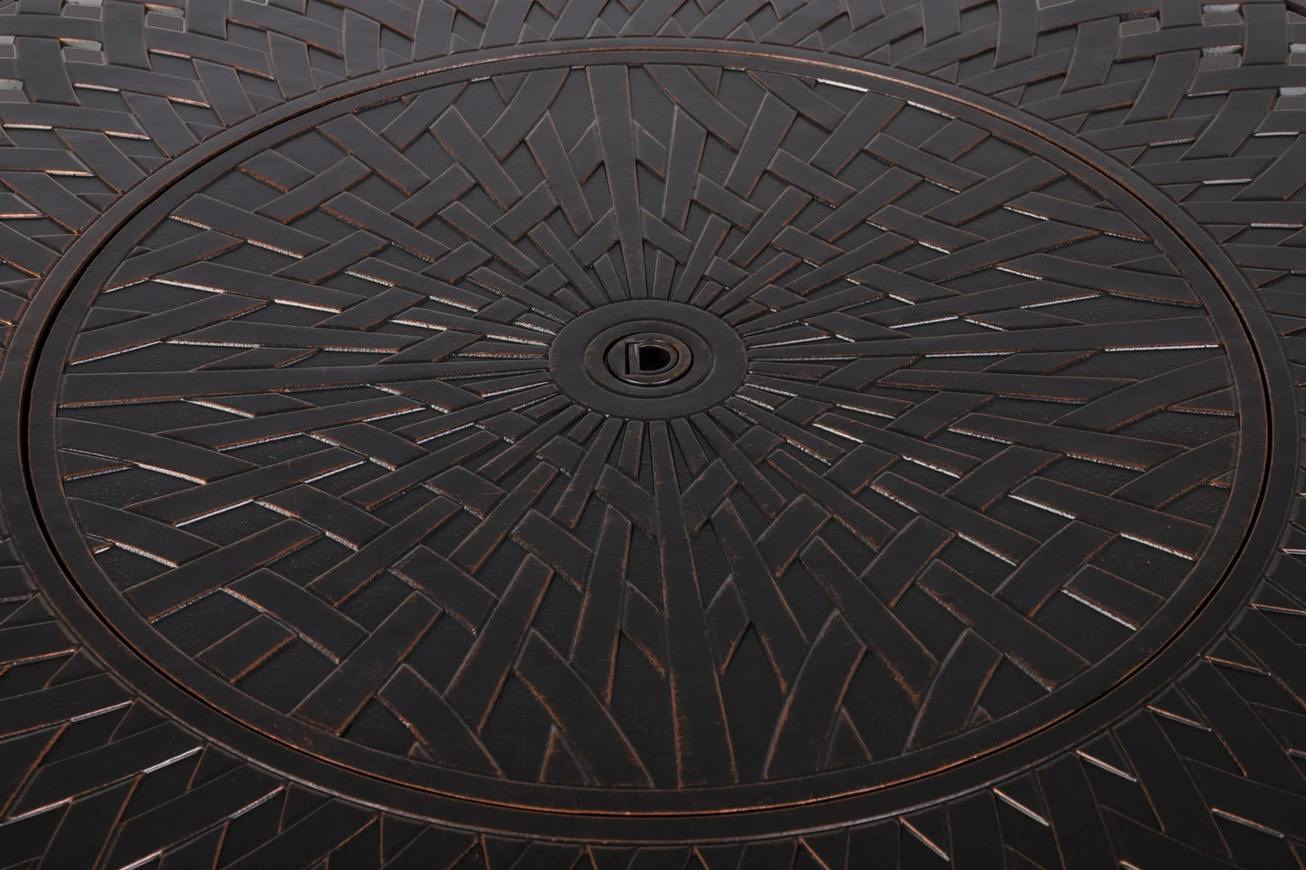 Verona 44in round woven aluminum gas fire pit table top with dark bronze basketweave pattern on Tampa Home & Garden Store