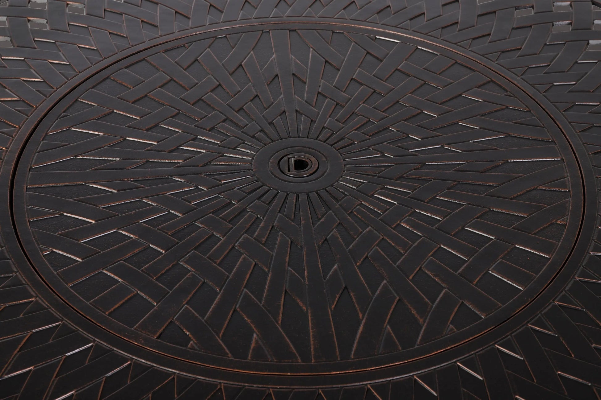 Verona 44in round woven aluminum gas fire pit table top with dark bronze basketweave pattern on Tampa Home & Garden Store