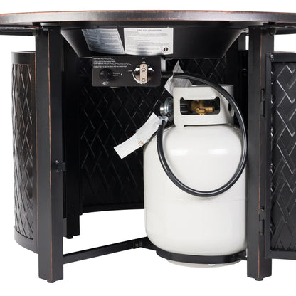 Verona 44in Round Woven Aluminum Gas Fire Pit Table with propane tank and control knob on Tampa Home & Garden Store