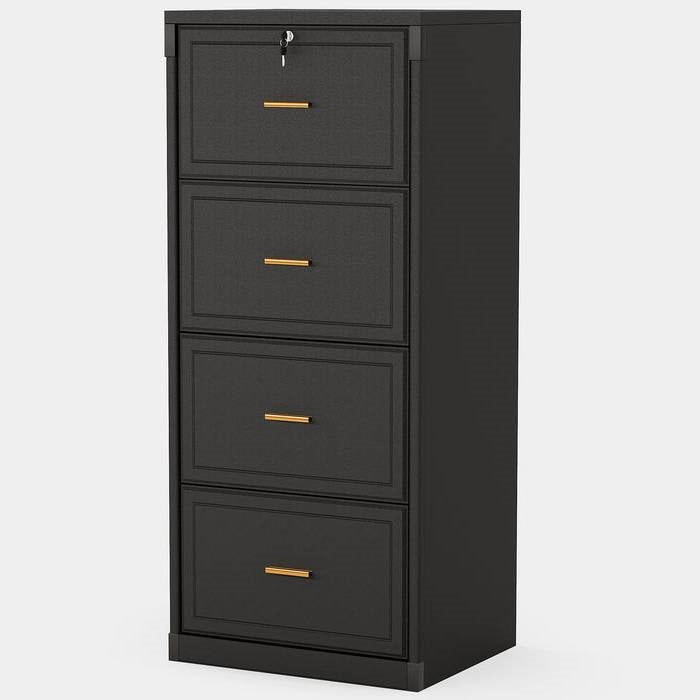 Vertical File Cabinet in Black Wood Finish with 4 Lockable Storage Drawers - Tampa Home & Garden Store