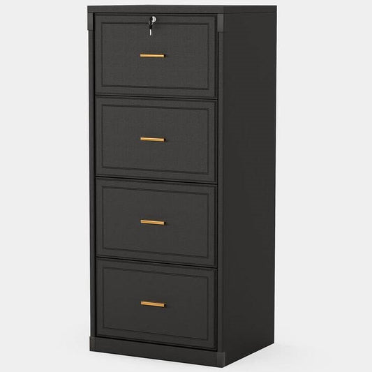 Vertical File Cabinet in Black Wood Finish with 4 Lockable Storage Drawers - Tampa Home & Garden Store