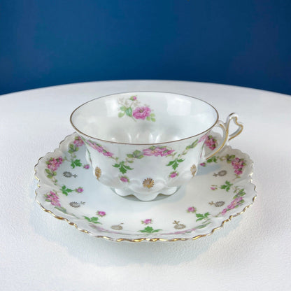 Very Light Weight Porcelain Cup and Saucer. M&K Austria. Delicate Rose Garlands and Scalloped Edges. Heart Shaped Handle. Gift for Her. - Tampa Home & Garden Store
