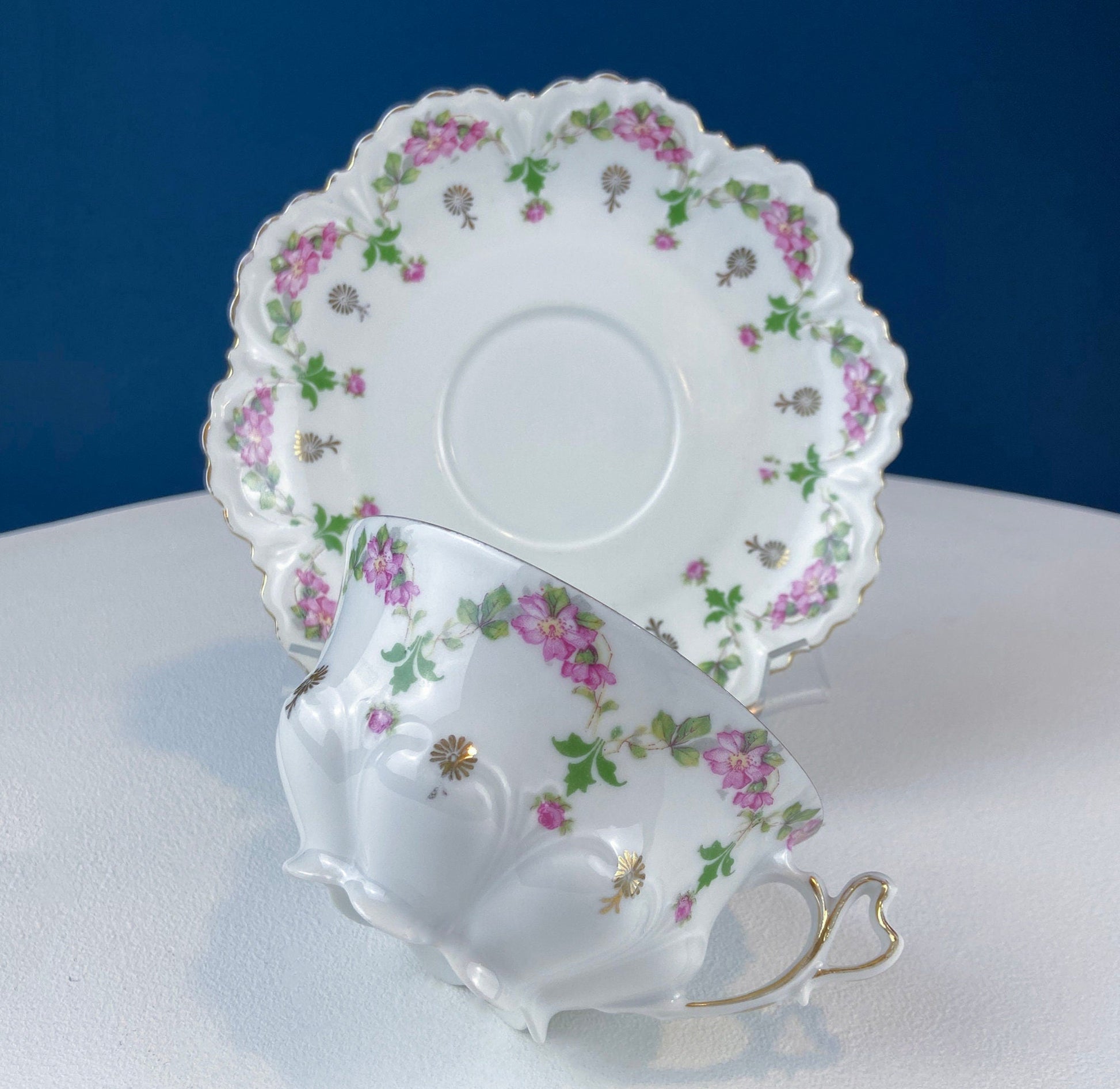 Very Light Weight Porcelain Cup and Saucer. M&K Austria. Delicate Rose Garlands and Scalloped Edges. Heart Shaped Handle. Gift for Her. - Tampa Home & Garden Store