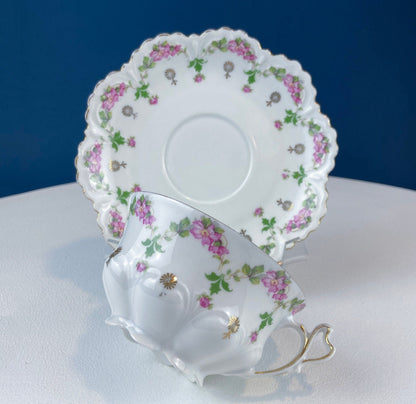 Very Light Weight Porcelain Cup and Saucer. M&K Austria. Delicate Rose Garlands and Scalloped Edges. Heart Shaped Handle. Gift for Her. - Tampa Home & Garden Store