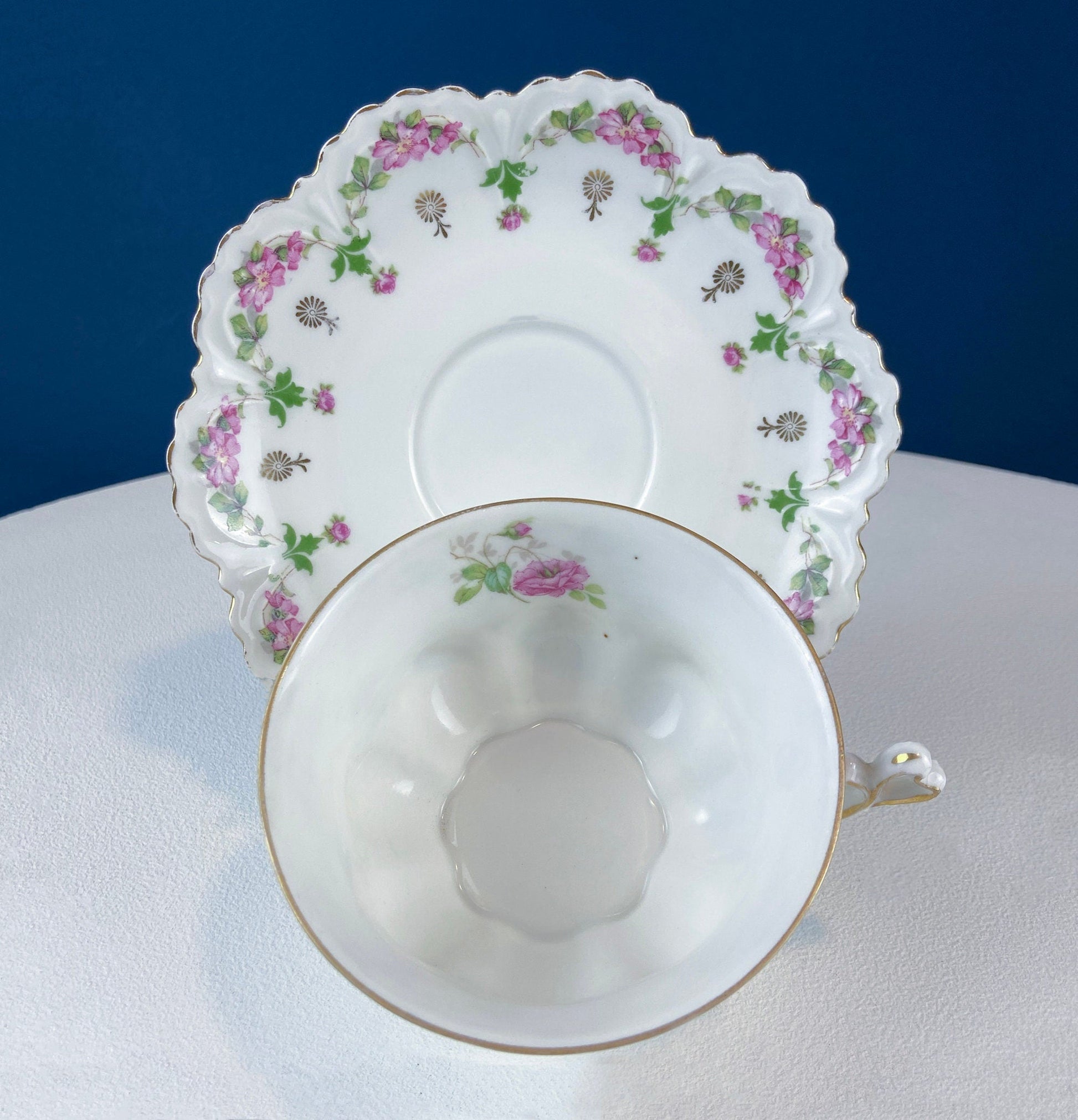 Very Light Weight Porcelain Cup and Saucer. M&K Austria. Delicate Rose Garlands and Scalloped Edges. Heart Shaped Handle. Gift for Her. - Tampa Home & Garden Store