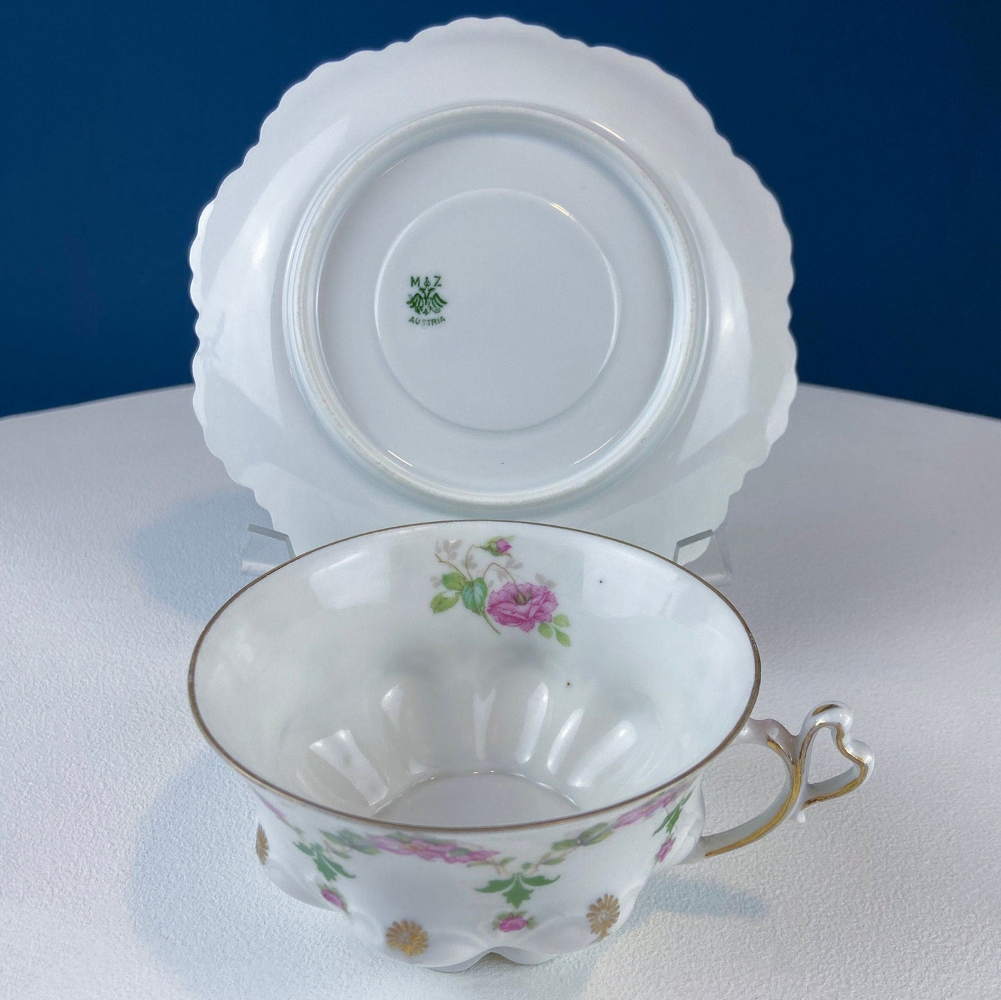 Very Light Weight Porcelain Cup and Saucer. M&K Austria. Delicate Rose Garlands and Scalloped Edges. Heart Shaped Handle. Gift for Her. - Tampa Home & Garden Store