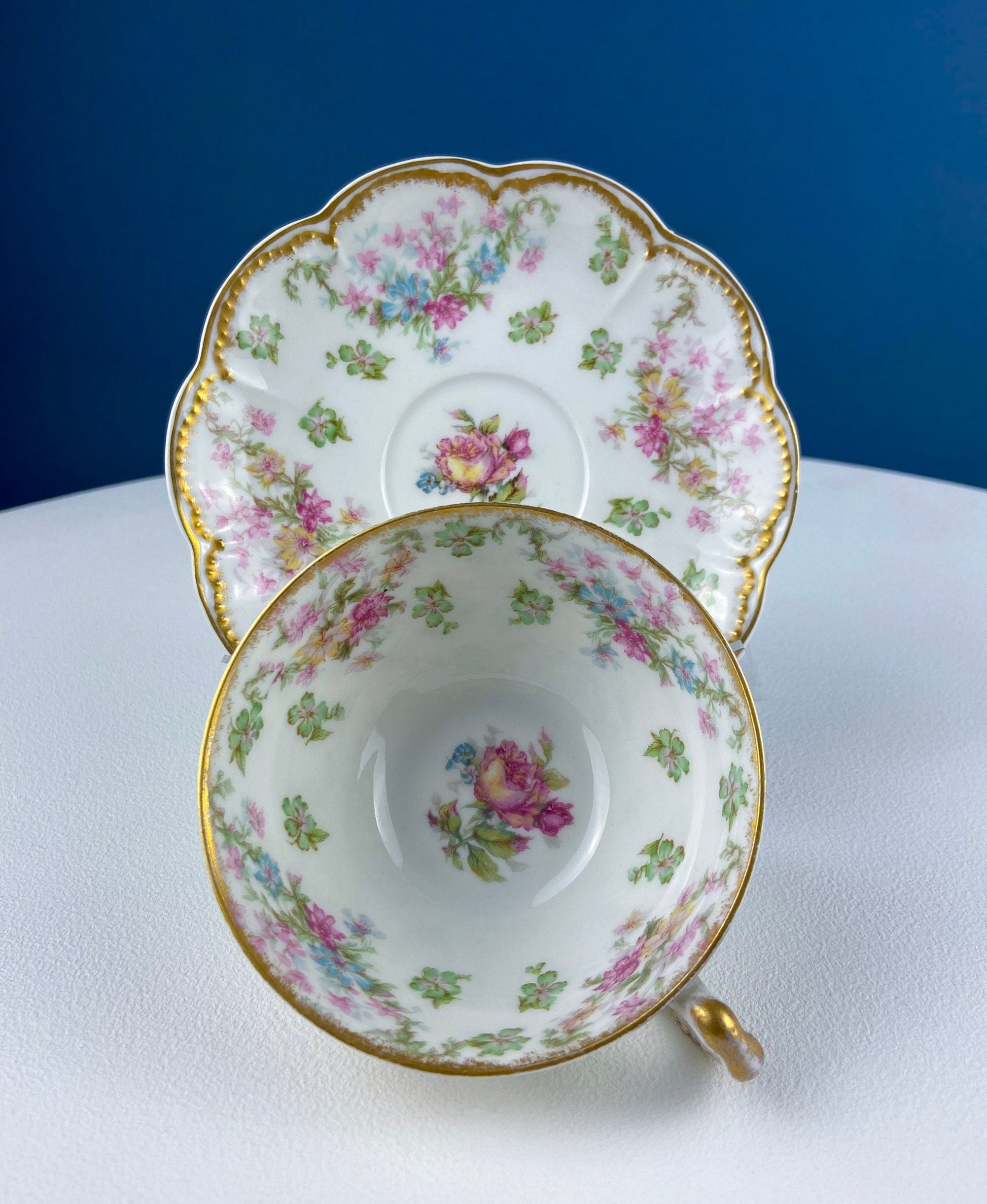 Very Light Weight Porcelain Cup and Saucer. M&K Austria. Delicate Rose Garlands and Scalloped Edges. Heart Shaped Handle. Gift for Her. - Tampa Home & Garden Store