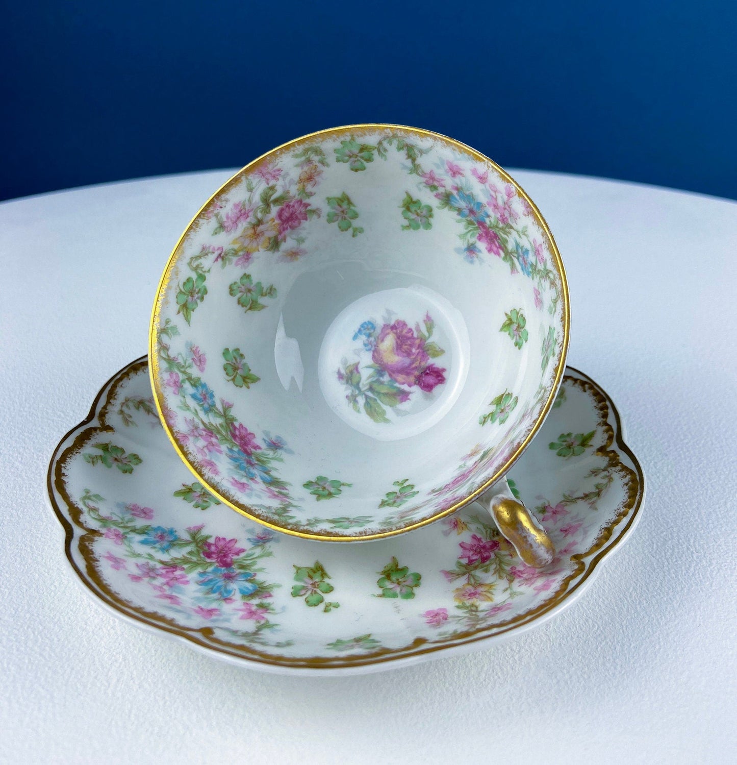 Very Light Weight Porcelain Cup and Saucer. M&K Austria. Delicate Rose Garlands and Scalloped Edges. Heart Shaped Handle. Gift for Her. - Tampa Home & Garden Store