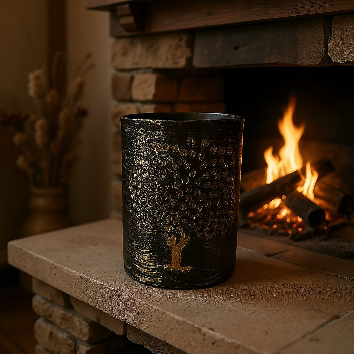 Vibhsa Tree Votive Candle Holder, black textured metal with tree motif, 4.4-inch rustic finish on Tampa Home & Garden Store