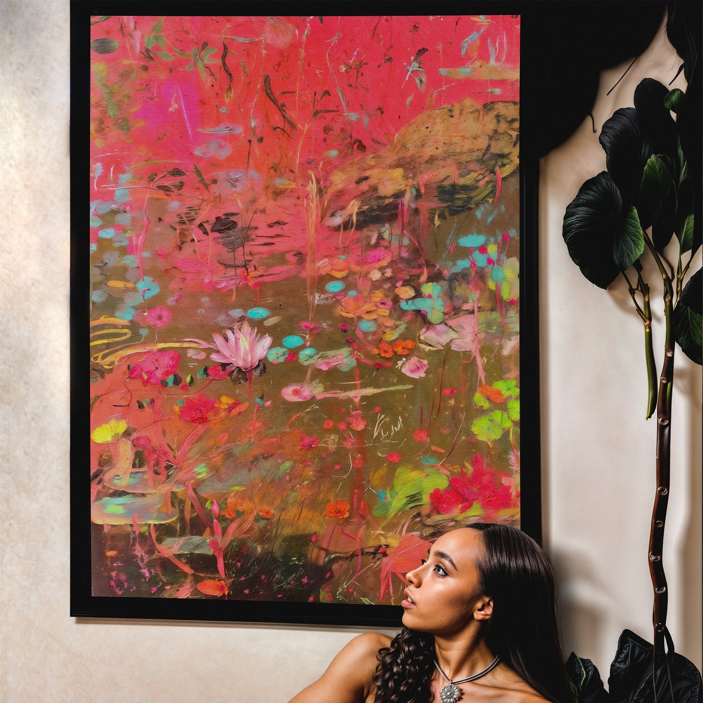 Canvas print Vibrant Veil by Tailored Canvases in pink floral scene, framed in black on Tampa Home & Garden Store