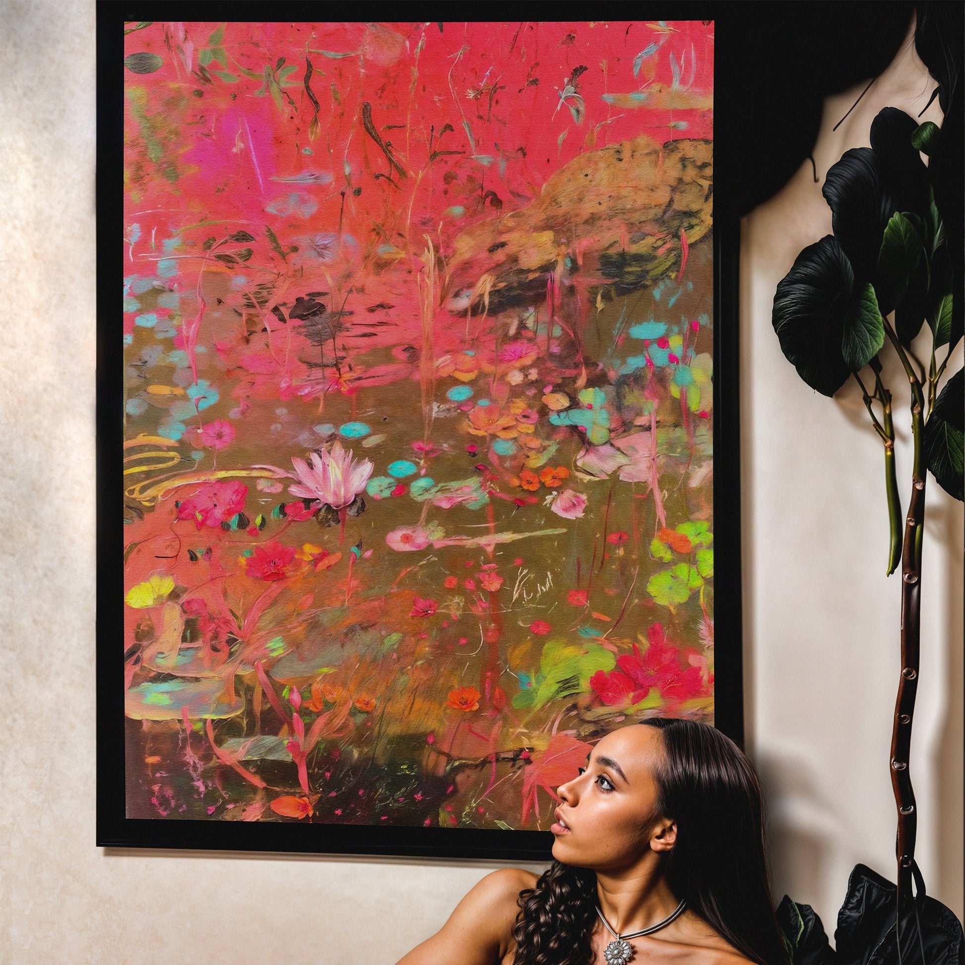 Canvas print Vibrant Veil by Tailored Canvases in pink floral scene, framed in black on Tampa Home & Garden Store