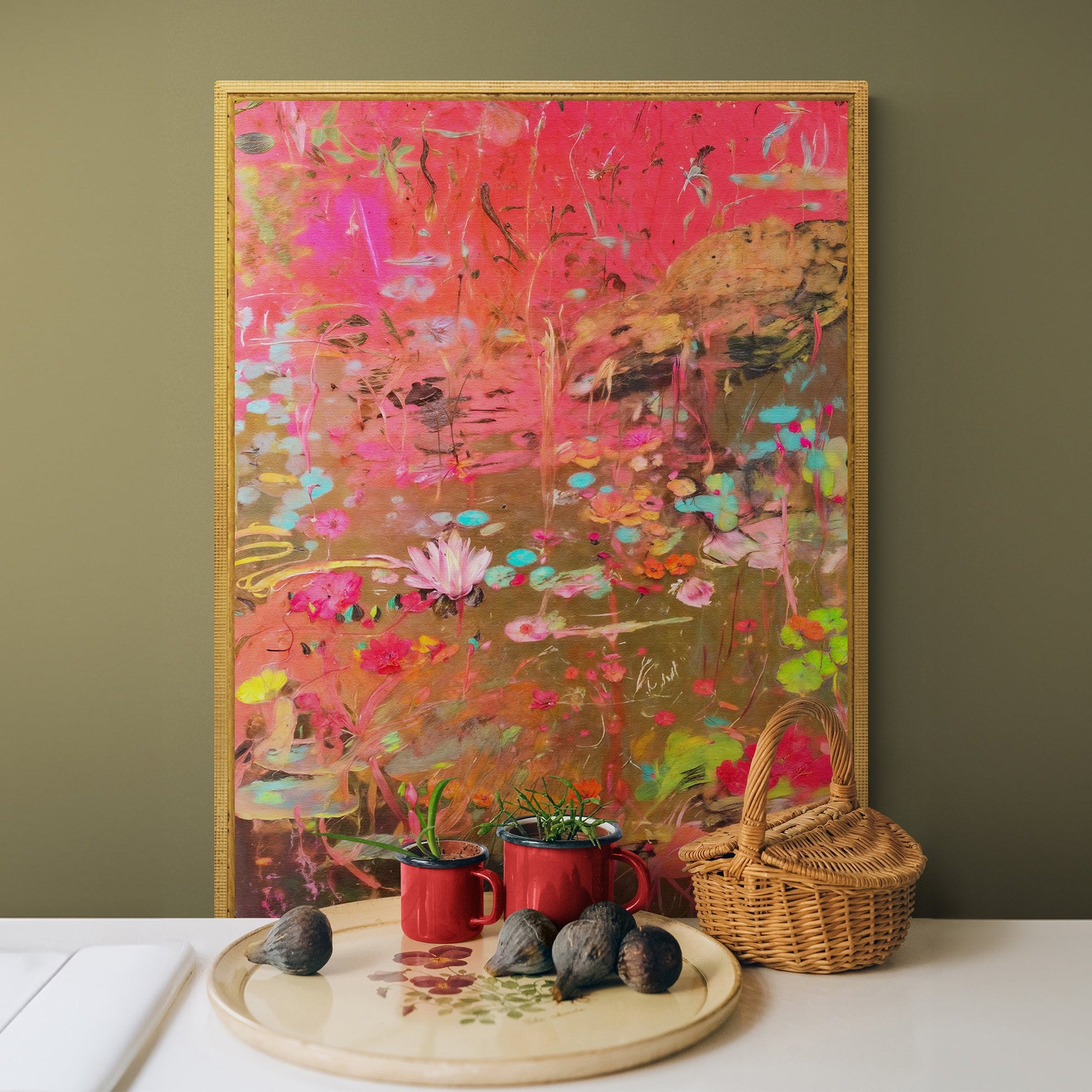 Canvas Print Vibrant Veil by Tailored Canvases, pink floral crafting canvas with two red mugs on Tampa Home & Garden Store