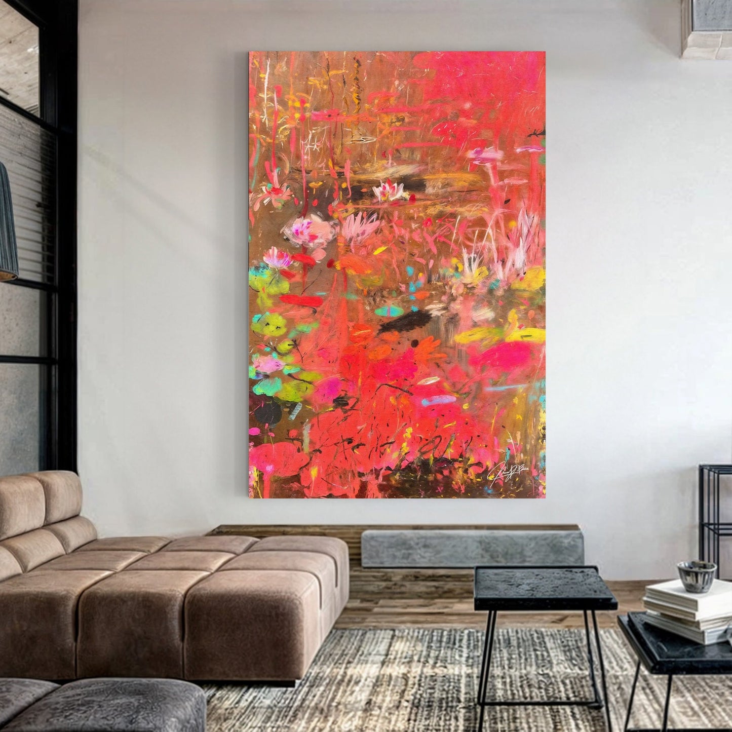 Canvas Print Vibrant Veil II by Tailored Canvases, abstract pink floral artwork on brown canvas on Tampa Home & Garden Store