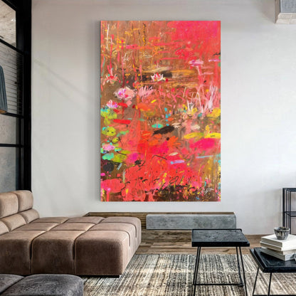 Canvas Print Vibrant Veil II by Tailored Canvases, abstract pink floral artwork on brown canvas on Tampa Home & Garden Store