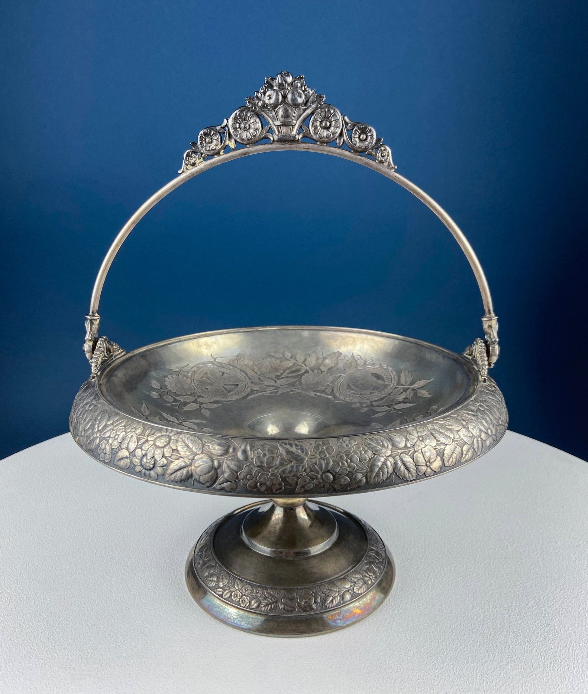 Victorian Silver Plated Fruit Pedestal with Handle. Bridal Basket. Stunning Butterflies & Flowers Relief. Table Holiday Centerpiece. - Tampa Home & Garden Store