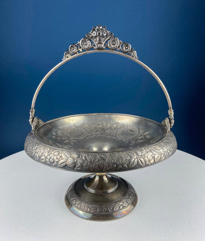 Victorian Silver Plated Fruit Pedestal with Handle. Bridal Basket. Stunning Butterflies & Flowers Relief. Table Holiday Centerpiece. - Tampa Home & Garden Store