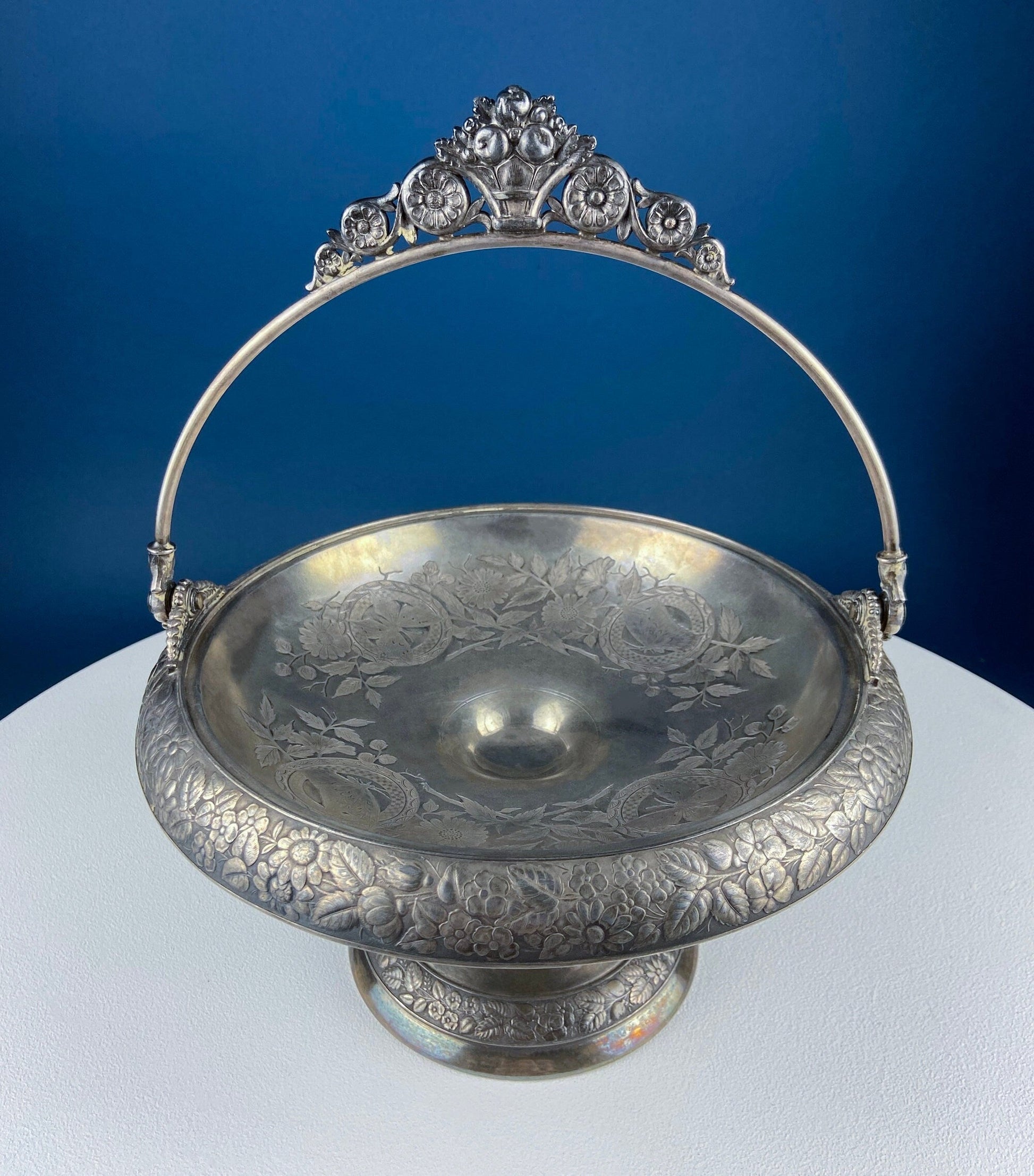 Victorian Silver Plated Fruit Pedestal with Handle. Bridal Basket. Stunning Butterflies & Flowers Relief. Table Holiday Centerpiece. - Tampa Home & Garden Store