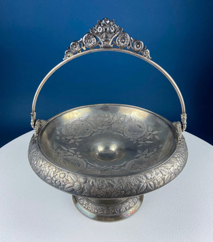 Victorian Silver Plated Fruit Pedestal with Handle. Bridal Basket. Stunning Butterflies & Flowers Relief. Table Holiday Centerpiece. - Tampa Home & Garden Store