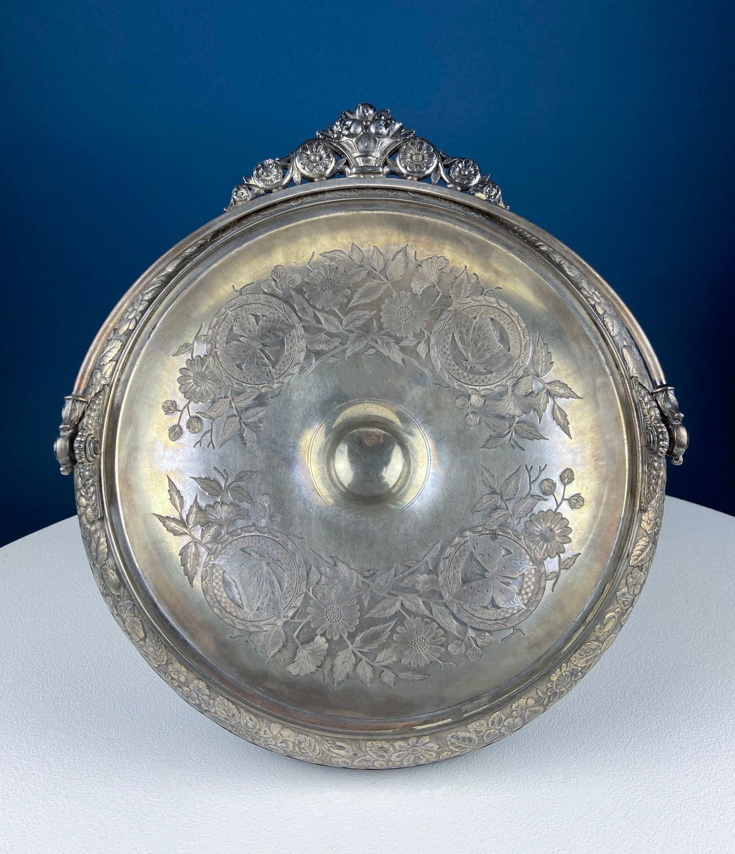 Victorian Silver Plated Fruit Pedestal with Handle. Bridal Basket. Stunning Butterflies & Flowers Relief. Table Holiday Centerpiece. - Tampa Home & Garden Store