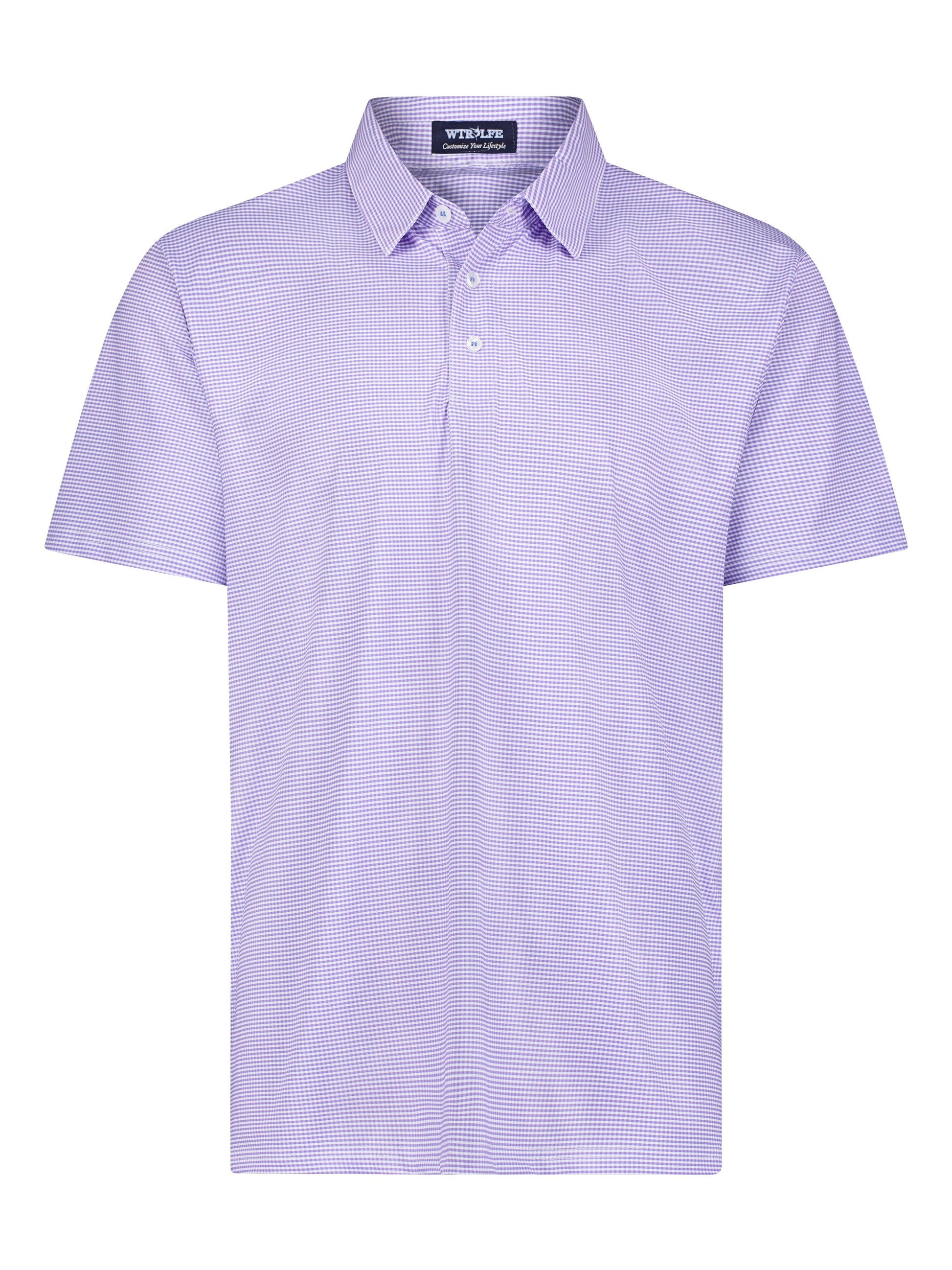 Vineyard Polo shirt by White Water Life in lavender purple gingham, short sleeves on Tampa Home & Garden Store
