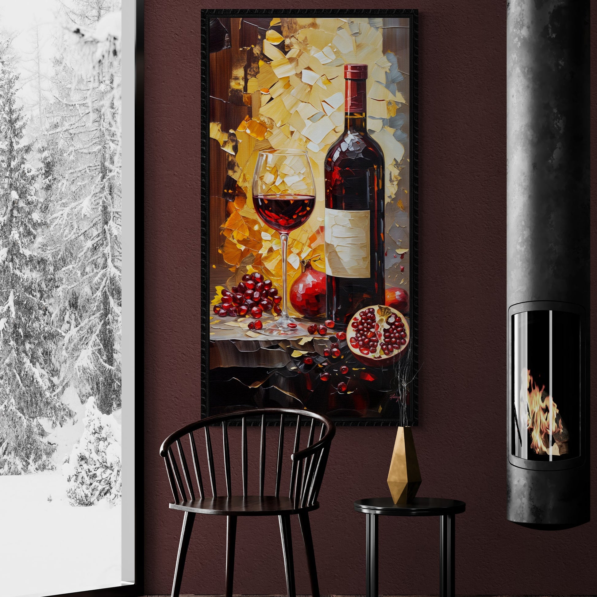 Vinous Harvest canvas print by Tailored Canvases featuring wine bottle and grapes in warm tones on Tampa Home & Garden Store