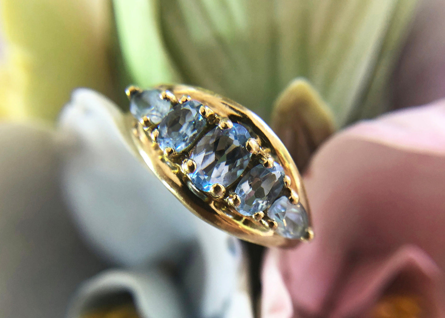 Vintage 10k Gold Ring with 5 Blue Topaz Stones - Tampa Home & Garden Store