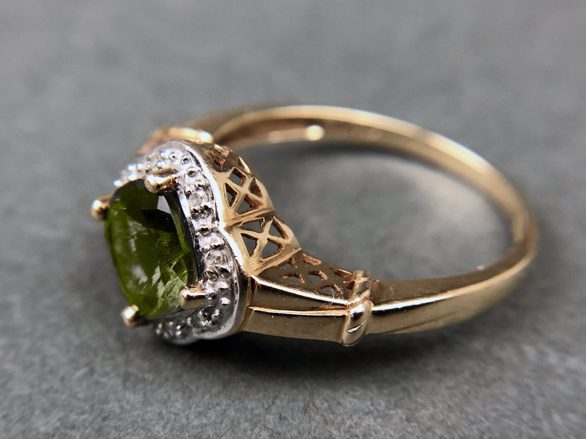 Vintage 10k Gold Ring with Natural Green Peridot and Diamond Halo. Gift for Her. - Tampa Home & Garden Store