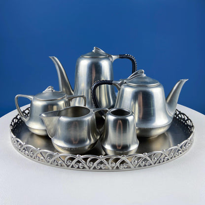 Vintage 6 Piece Pewter Coffee & Tea Serving Set with Filigree Tray. Metawa, Holland. Mid Century Modern Early Art Deco. Rattan Bamboo Handle - Tampa Home & Garden Store
