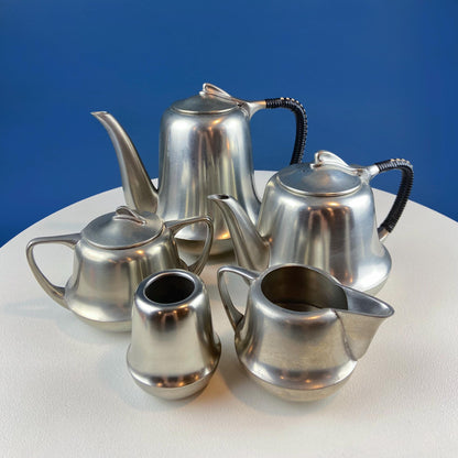 Vintage 6 Piece Pewter Coffee & Tea Serving Set with Filigree Tray. Metawa, Holland. Mid Century Modern Early Art Deco. Rattan Bamboo Handle - Tampa Home & Garden Store