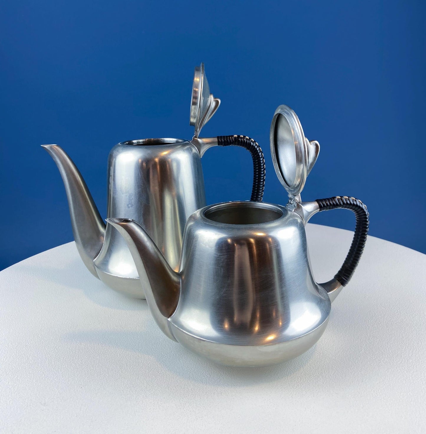 Vintage 6 Piece Pewter Coffee & Tea Serving Set with Filigree Tray. Metawa, Holland. Mid Century Modern Early Art Deco. Rattan Bamboo Handle - Tampa Home & Garden Store